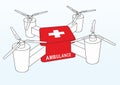 Medical drone, Drone Delivering First Aid Box. Advancing Medical Industry Logistics for Drug Transport. First aid drone with red b