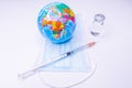 Medical drug vaccine syringe needle hypodermic injection treatment on map world ,Medical concept tourism travel care diseases