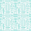 Medical, drugstore seamless pattern, medicament vector background blue color. Medicines antibiotics, vitamins