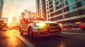 a Medical emergency ambulance driving during traffic jam on city road. rush hour concept. Ambulance. Generative Ai Royalty Free Stock Photo