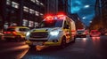 a Medical emergency ambulance driving during traffic jam on city road. rush hour concept. Ambulance. Generative Ai Royalty Free Stock Photo