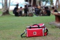 Medical emergency tool bag or first aid kit with people who resc