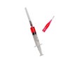 Empty medical syringe isolated, for cosmetology and medicine, used for drugs with a red vaccine, top view