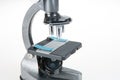 Medical equipment Close up of examining of test sample under the microscope in laboratory isolated on white