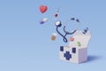 Medical equipment 3d cartoon style, Vaccine, stethoscope, capsule, pills and medicine box