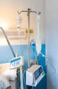 Medical equipment, instruments, monitors and bottle of solution liquid for intravenous drip injection with medicine and serum.