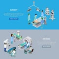 Medical equipment isometric set of two horizontal banners with read more button editable text and images vector illustration Royalty Free Stock Photo