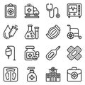 medical equipment line icons set. heartbeat, services, pharmaceutical, healthcare, mask, pulse, wheelchair Royalty Free Stock Photo