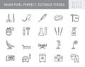 Medical equipment line icons. Vector illustration include icon - blood bag, scalpel, medical furniture, needle