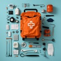 Medical Equipment Line up for use, simple design, emergency, First aid kit, AI Generated