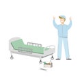 Medical equipment maintenance. Happy technician repairs hospital bed. Vector illustration isolated on white