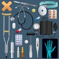 Medical equipment tools and drugs set. Medicine traumatology surgery and first aid. Realistic detailed objects. Vector Royalty Free Stock Photo