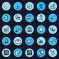 Medical equipment vector flat line icons. Health diagnostic - stethoscope, thermometer, microscope, diabetes test, mri