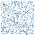 Medical equipments and tools in the freehand drawing style