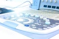 Medical equipments for ultrasonic diagnostics in a clinic room. Modern ultrasound apparatus close-up in a hospital. The Royalty Free Stock Photo