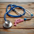 Medical essentials Stethoscope, pills, medicine, treatment on wooden background