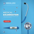 Medical Examination card. Healthcare banner with medical tools and logo on blue background. Royalty Free Stock Photo