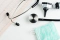 Medical examination, stethoscope, medicine and therapy, background