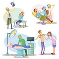 Medical examination and treatment illustration of patients and doctors at hospital surgeon, dentist and therapist