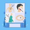 Medical examinations of doctor. They check up heart rate, mouth, throat, lung, eye. Workflow of patient care. Vector illustration