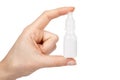 Medical eye dropper bottle, container with liquid in hand. Isolated on white background. Medicine solution Royalty Free Stock Photo