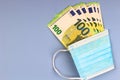 Medical face mask and cash money. Euro banknotes wrapped in disposable protective surgical face mask on gray background Royalty Free Stock Photo