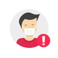 Medical face mask caution or warning notification on man person vector icon flat cartoon illustration, male character