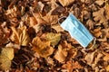 Medical face mask on colorful autumn leafs on the ground coronavirus covid-19 epidemic continues wallpaper Royalty Free Stock Photo