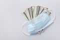 Medical face mask and dollar money, world coronavirus epidemic and economic losses concept. Top view Royalty Free Stock Photo