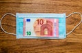 Medical face mask with 10 euros money banknotes euros during Coronavirus Royalty Free Stock Photo