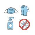 Medical face mask, latex gloves and sanitizer bottle against coronavirus