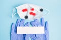 medical face mask, rubber disposable gloves on a blue background Royalty Free Stock Photo