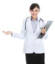 Medical female doctor presenting copy space