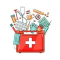 Medical first aid kit with different pills and thermometer, healthcare. Vector illustration in cartoon style