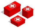 Medical first-aid kits. Set of red boxes with a medical symbol on the lid. Isolated objects on white background Royalty Free Stock Photo