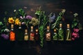 medical flowers herbs essential oils in bottles. tincture, alternative medicine natural perfumes