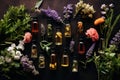 medical flowers herbs essential oils in bottles. tincture, alternative medicine natural perfumes