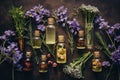 medical flowers herbs essential oils in bottles. tincture, alternative medicine natural perfumes Royalty Free Stock Photo