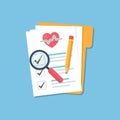 Medical folder with document checklist, magnify glass and pencil in a flat design Royalty Free Stock Photo