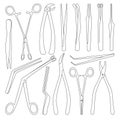 Medical forceps isolated outline set icon. Vector illustration surgical tool on white background. Vector outline set