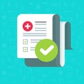 Medical form check list with results data and approved check mark vector icon, flat cartoon clinical checklist document