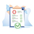 Medical form list with results data and approved check mark vector, flat cartoon clinical checklist document