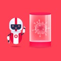 Medical friendly android robot with corona virus bacteria in quarantine & test tube.