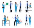 Medical front liners set character vector concept design. Covid-19 doctor and nurse characters with corona virus Royalty Free Stock Photo