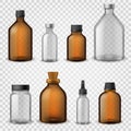 Medical glass bottles. 3d realistic brown blank packaging, pharmacy syrup bottle, aromatherapy oil cosmetic container Royalty Free Stock Photo