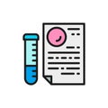 Medical glass tube with document, paternity test result flat color line icon.