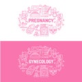 Medical, gynecology banner illustration. Obstetrics, pregnancy vector line icons - research, in vitro fertilization Royalty Free Stock Photo