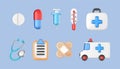 Medical and health care icons set. Medical equipment in 3d cartoon style. Online healthcare concept. Vector 3D illustration Royalty Free Stock Photo