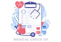 Medical Health Check up Background Landing Page Illustration. The Doctor Holds A Form Containing Patient Health List For Banner