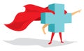 Medical health cross super hero with cape bravely pointing forward